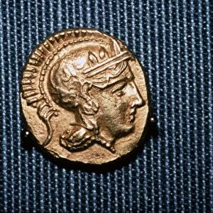 Head of Athena on a coin struck by Lachares during his attempt at coup, 300BC-295 BC