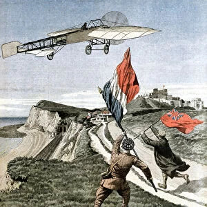 Louis Bleriot (1872-1936), French aviator, flying over the cliffs at Dover, 1909