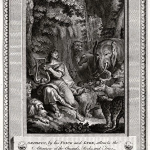 Orpheus, by his Voice and Lyre, attracts the attention of the Animals, Rocks and Trees, 1774. Artist: W Walker