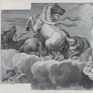 Plate 34: Auriga, the charioteer, falls from the chariot at center, with three horses at l... 1756. Creators: Bartolomeo Crivellari, Gabriel Soderling