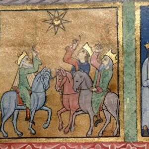 Detail of a Psalter: the Magi follow the Star, c1140