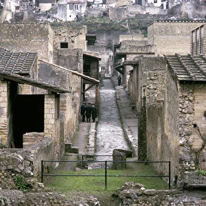 Roman huses of Herculaneum with the modern houses of Ercolano above, Italy