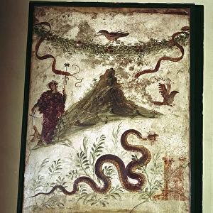 Roman wallpainting showing Mount Vesuvius and Bacchus (Dionysus) or the Genius Loci, Pompeii, Italy