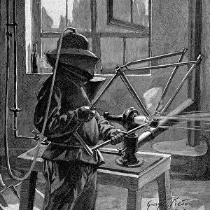 Sandblasting the joints of a bicycle frame, France, 1896