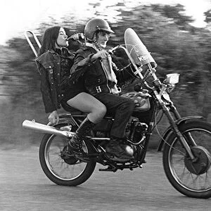 Teenagers on a motobike, Charlwood, Surrey, 1972