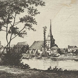 Town with a church across a river, 19th century. Creator: Tancrede Abraham