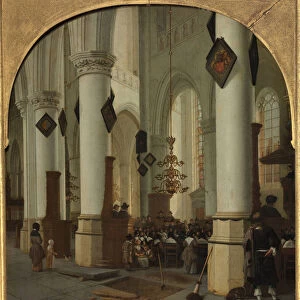 View inside the Saint Bavo church in Haarlem during mass, 1666. Artist: Vliet, Hendrick Cornelisz. van (1611-1675)