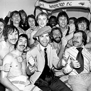 Watford FC Footballers with the Chairman Elton John after being promoted to Division 3