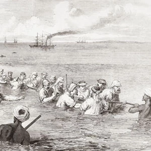 The Indo-European telegraph, landing the cable in the mud at Fao, Persian Gulf. From The Illustrated London News, published 1865