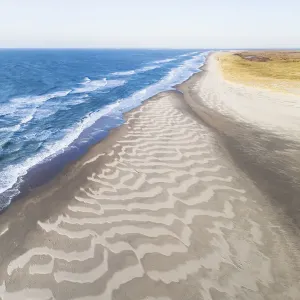 Aerial view of North Sea beach with dunes near the Slufter valley, Texel, Noord-Holland
