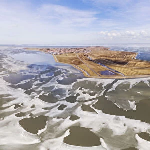 Wide angle aerial view, stitched from several photos, of the island of Marken between the