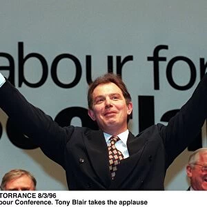 Tony Blair arms outstretched thanking Scottish Labour Conference applause. 1996