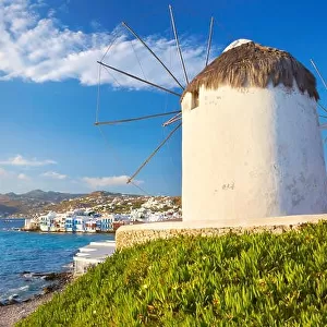Mykonos landscape with a windmill, Mykonos Island, Cyclades Islands, Greece