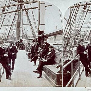 The bridge of the ship Russia with soldiers in uniform and passengers