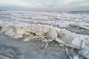 Netherlands Prints: Aerial view of ice hummocking in the Markermeer after a long period of frost in February