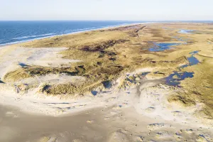 Netherlands Prints: Aerial view of the Slufter Valley and dunes along the North Sea, Texel, Noord-Holland