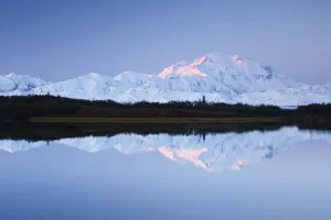 Denali reflected in Reflection Pond at sunrise, Denali National Park and Preserve Denali reflected in Reflection Pond at sunrise, Denali National Park and Preserve