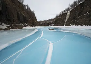 Blue Prints: Frozen river in canyon, Putorana Plateau, Siberia, Russia