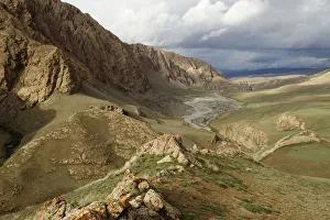 Mountain Prints: River and floodplain with snow-capped mountains, Pikertyk, Tien Shan Mountains, eastern
