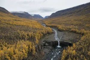 Mother Nature Prints: River with waterfall in taiga, Putorana Plateau, Siberia, Russia