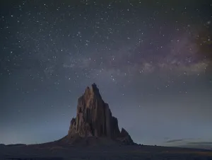 Rock Formation Prints: Rock formation at night, remnant basalt core of extinct volcano, Ship Rock, New Mexico