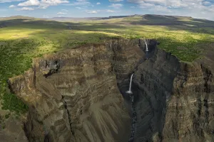 Waterfalls in deep canyon in plateau, Putorana Plateau, Siberia, Russia