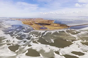 Wide angle aerial view, stitched from several photos, of the island of Marken between the Wide angle aerial view, stitched from several photos, of the island of Marken between the